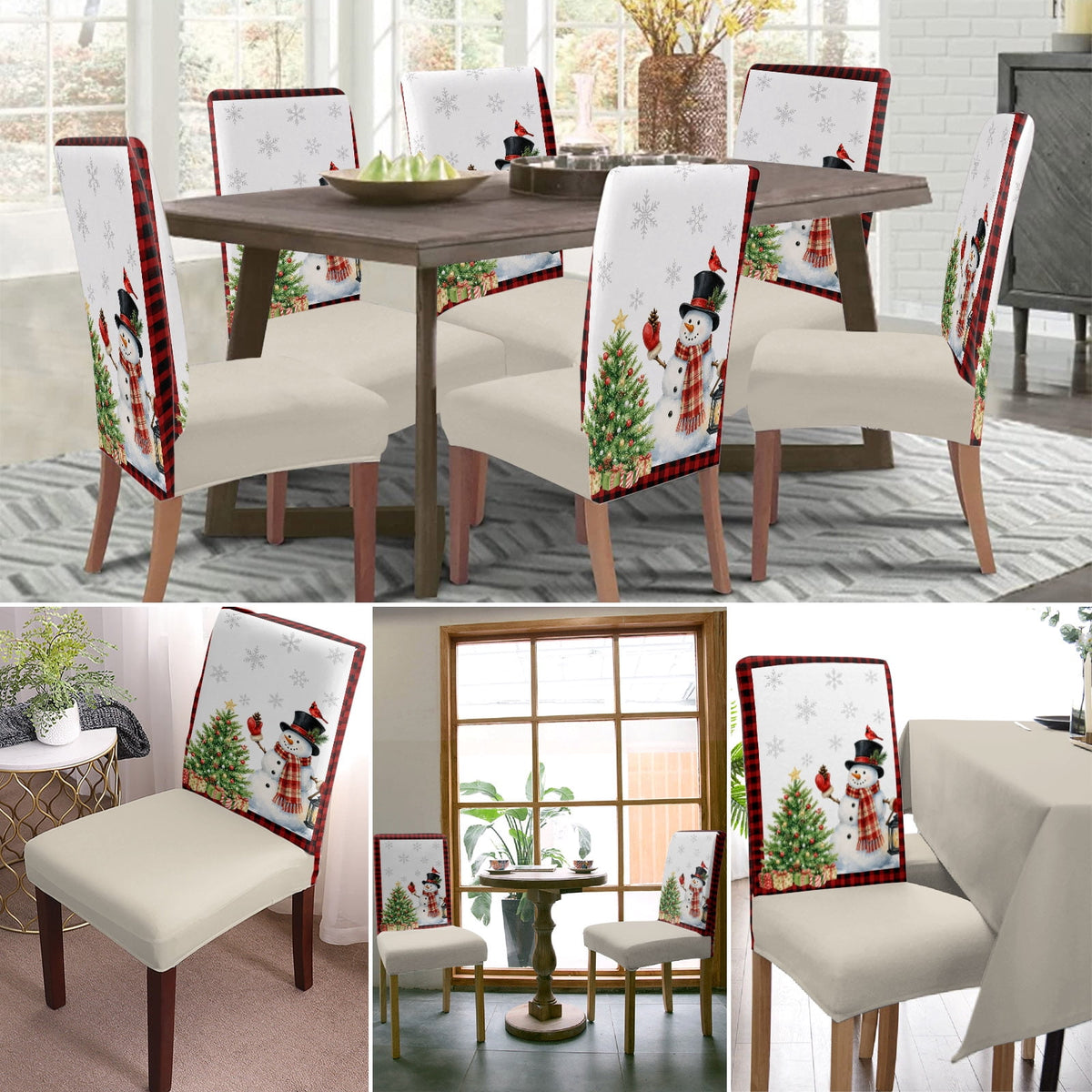 Christmas Winter Dining Chair Covers Set of 8, Snowman Green Christmas Tree Gift Boxes Snowflake Chair Covers for Dining Room Removable Seat Protectors Slipcovers for Home Party Wedding Banquet