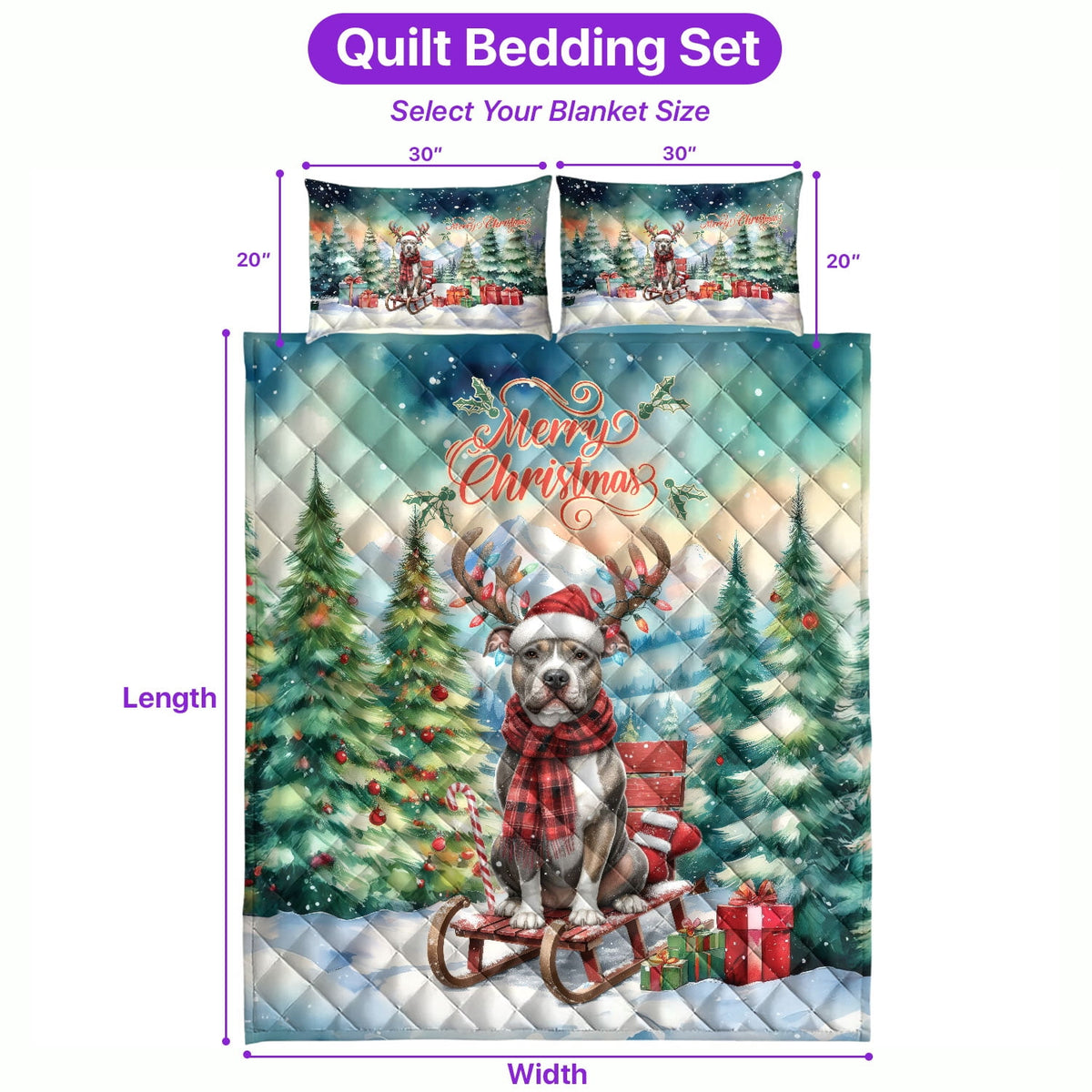 Merry Christmas Santa Reindeer Antlers French Bulldog Sleigh Xmas Winter Holiday Quilt Bedding Set Dog Lover Gifts 1 Blanket Bed Cover 2 Pillowcases - 00023