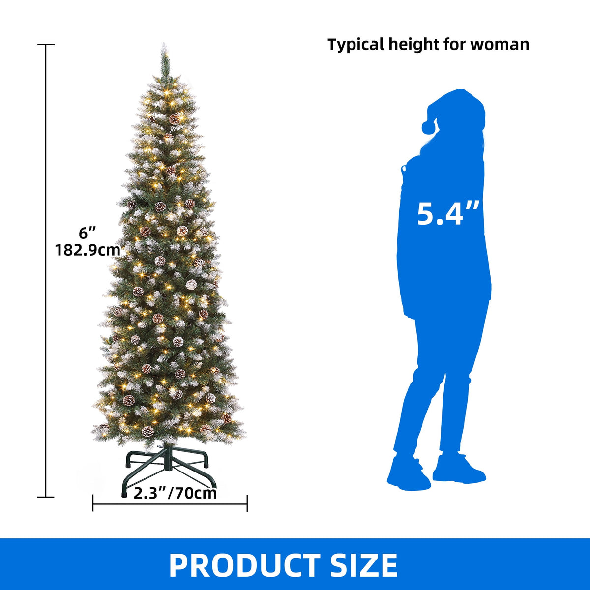 Dextrus 6 ft Prelit Pencil Christmas Tree with 50 Pine Cones, Flocked Artificial Hinged Xmas Christmas Tree with 618 Tips & 250 Lights, Remote Control,11 Light Modes, Green