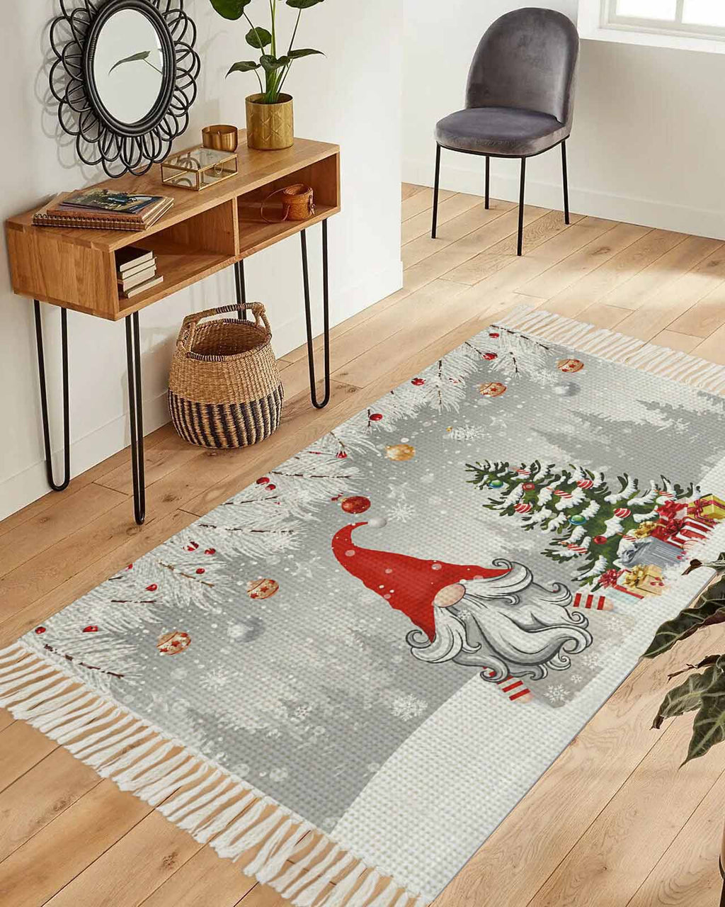 Grey Red Christmas Large Area Rug 4x6ft Woven Runner Rug,Snowflake Gnomes Xmas Tree Winter Gifts Living Room Bedroom Kitchen Bathroom Classroom Carpet with Tassels,Indoor Outdoor Throw Door Mat