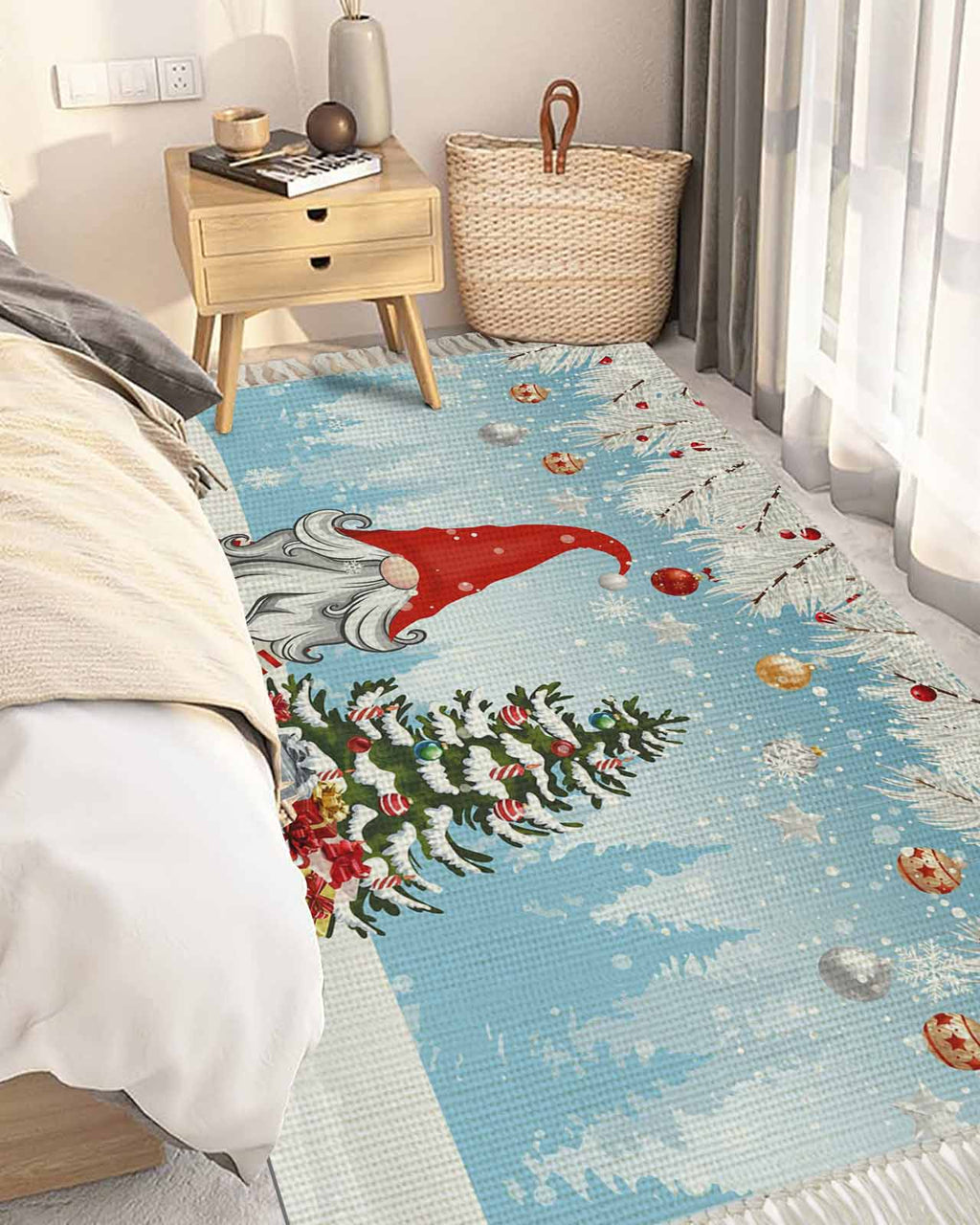 Grey Red Christmas Large Area Rug 4x6ft Woven Runner Rug,Snowflake Gnomes Xmas Tree Winter Gifts Living Room Bedroom Kitchen Bathroom Classroom Carpet with Tassels,Indoor Outdoor Throw Door Mat