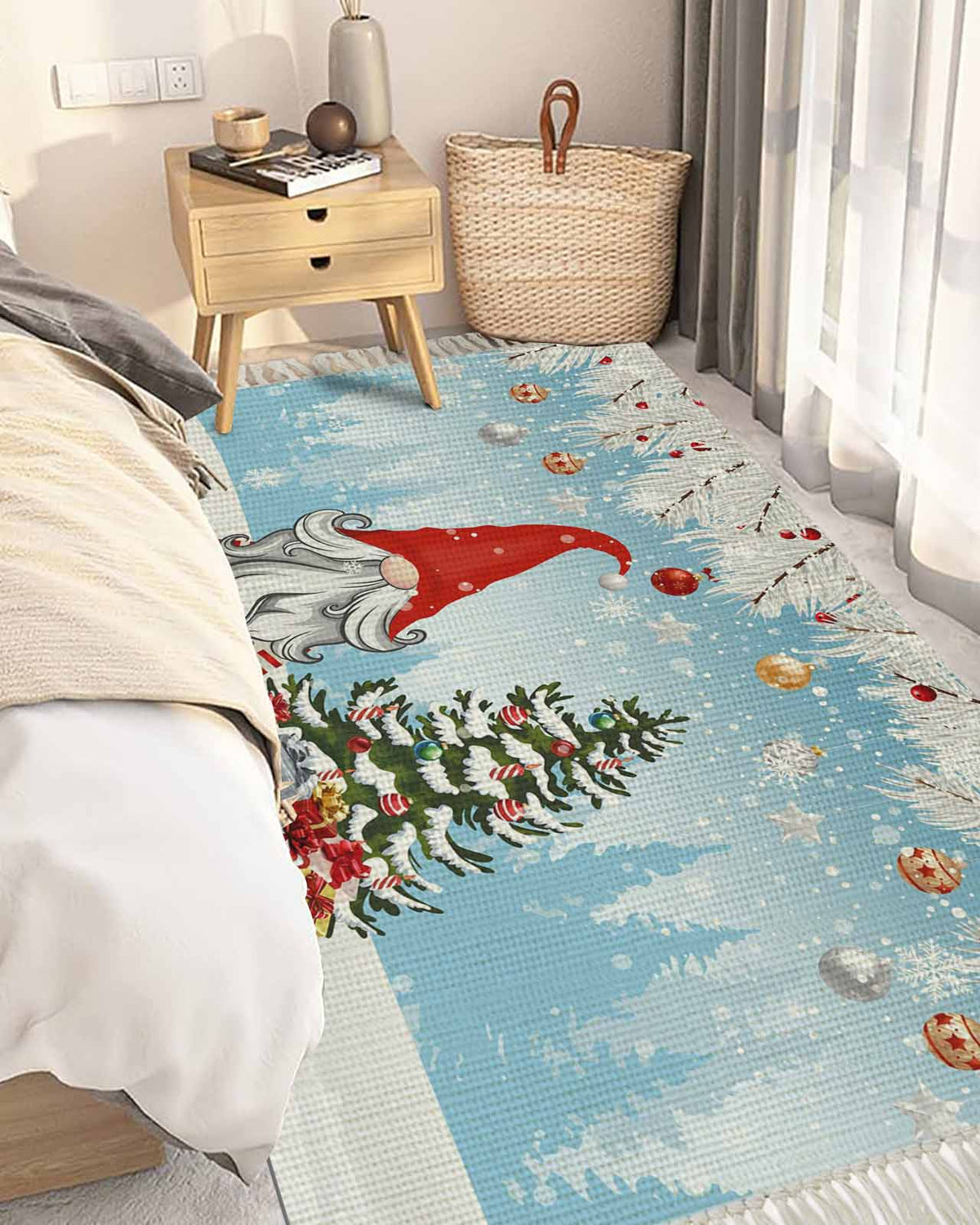 Grey Red Christmas Large Area Rug 4x6ft Woven Runner Rug,Snowflake Gnomes Xmas Tree Winter Gifts Living Room Bedroom Kitchen Bathroom Classroom Carpet with Tassels,Indoor Outdoor Throw Door Mat