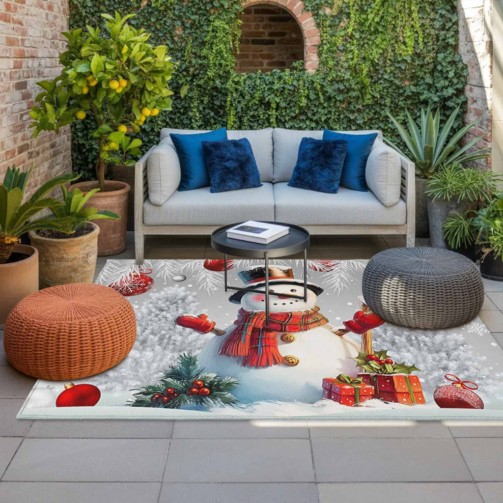 Grey Snowman Christmas Outdoor Rug for Patio/Deck/Porch, Non-Slip Large Area Rug 4 x 6 Ft, Xmas Tree Red Balls Snowflake Indoor Outdoor Rugs Washable Area Rugs, Reversible Camping Rug Carpet Runner