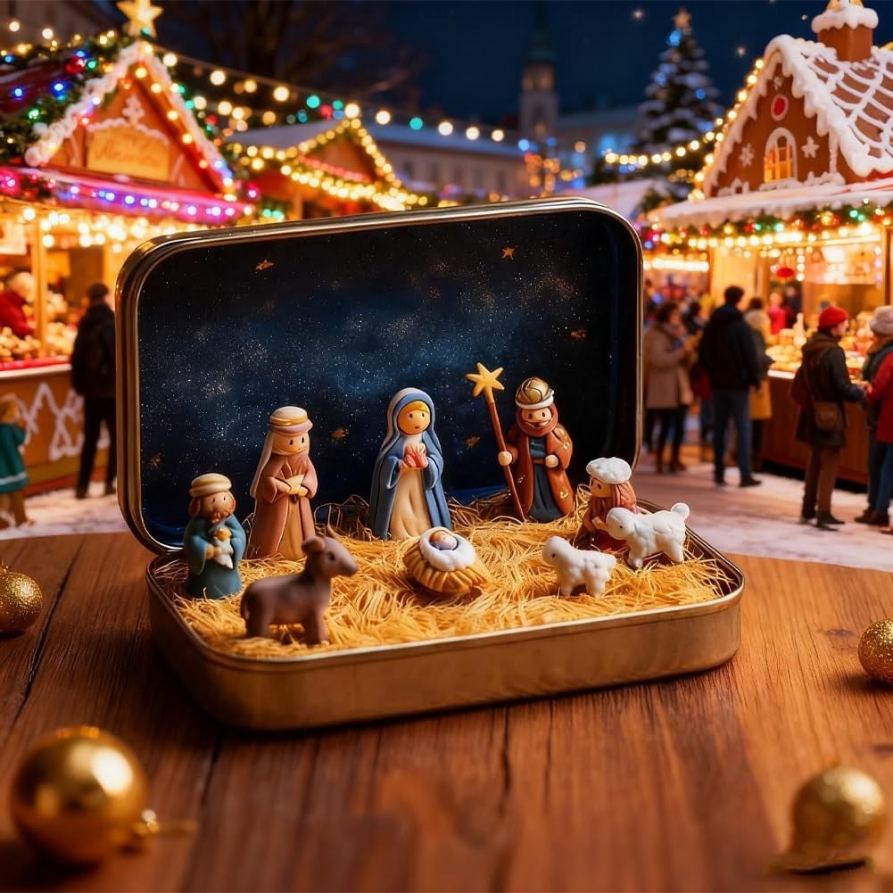 Mini Christmas Nativity Set in a Tin Box,Nativity Sets & Figures,Handcrafted Pocket Bethlehem Scene,Portable Holy Family Display, Small Religious Ornament, for Desk, Shelf,Office