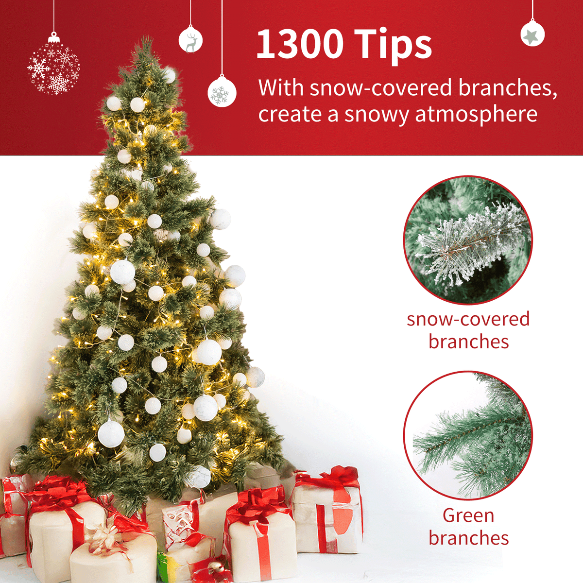 Arlopu 9FT Pre-lit Artificial Christmas Tree with 1300 Branches/500 Warm Lights/Metal Stand, PVC&PE Cashmere Hinged Xmas Tree, Fluffy Snow Flocked Pine Tree for Home Holiday Party Decor