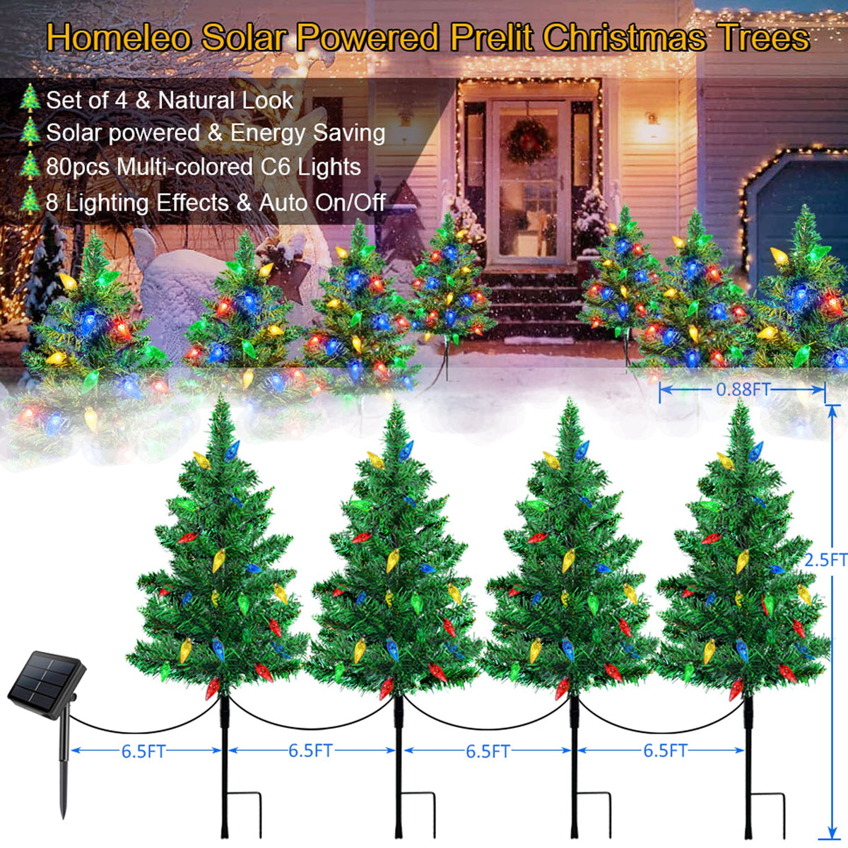 COCOBELA 4 Set Solar Christmas Tree 80pcs Multicolor LED Christmas Lights for Outdoor Christmas Decorations,Solar Powered Prelit Small Christmas Tree for Outside Pathway Garden Yard Decor