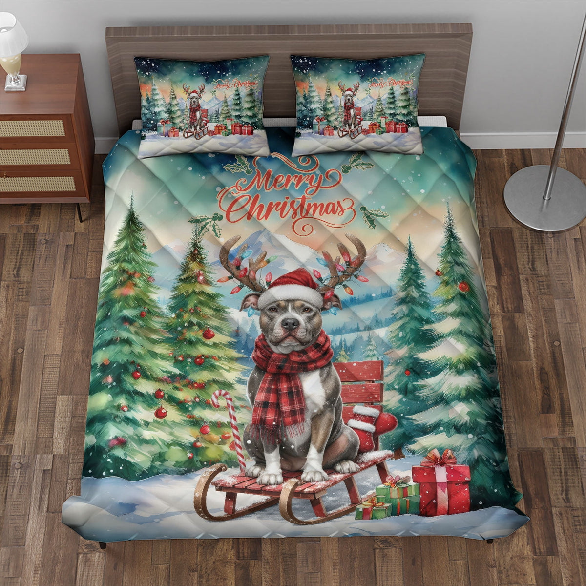 Merry Christmas Santa Reindeer Antlers French Bulldog Sleigh Xmas Winter Holiday Quilt Bedding Set Dog Lover Gifts 1 Blanket Bed Cover 2 Pillowcases - 00023