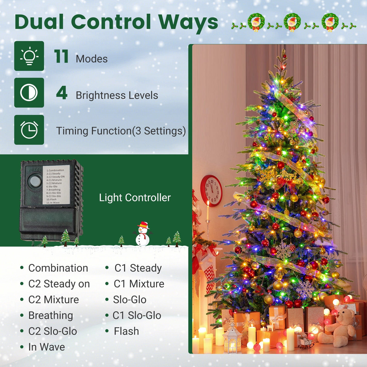 Topbuy 9 FT Pre-lit Artificial Christmas Tree Hinged Xmas Tree with 1770 Branch Tips 560 Multicolored & Warm White LED Lights