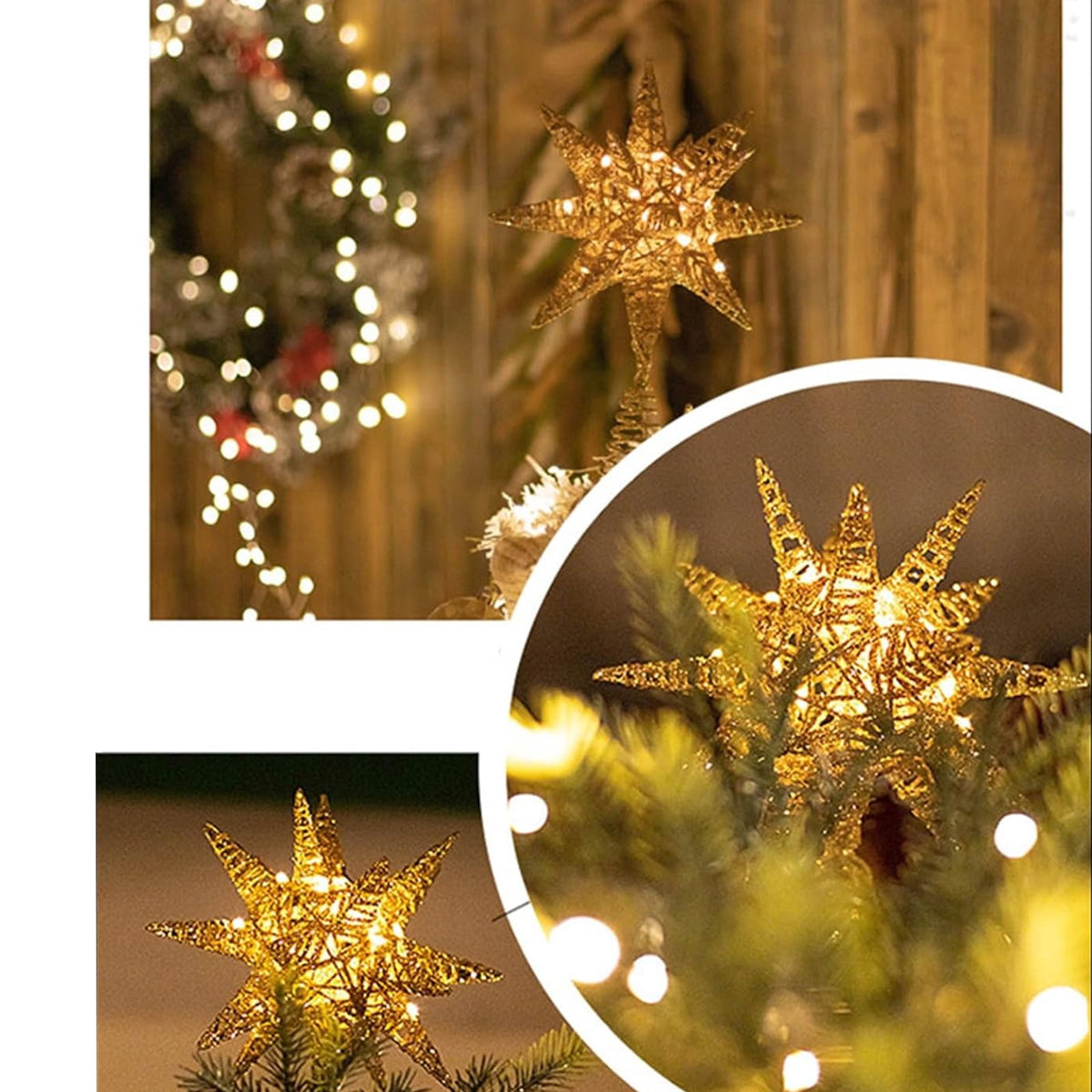 Christmas Tree Topper, LED Lighted Tree Topper, 11.41Inches Double-Layer Glitter Metal 3D Decorations Lights, Ornaments for Home Party(Gold)