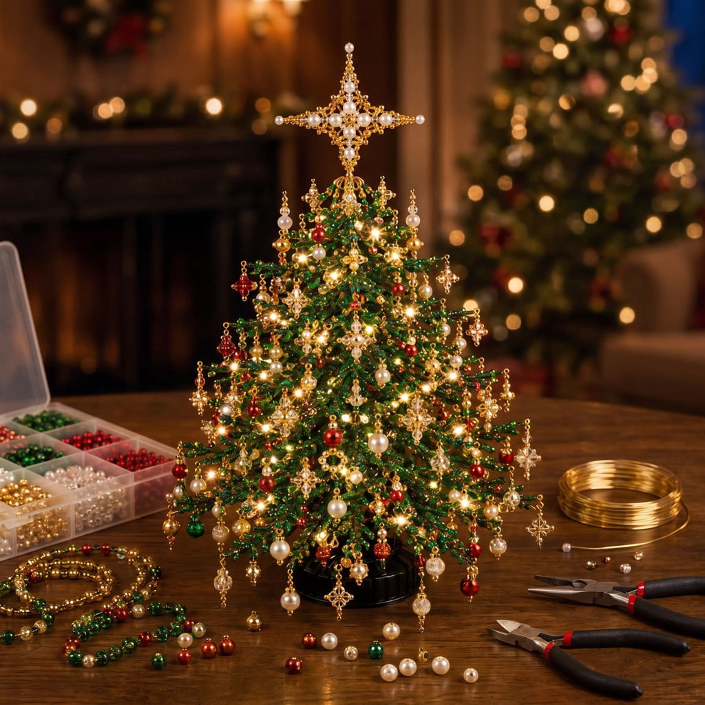 DIY Beaded Christmas Tree Kit - Handmade Mini Tabletop Xmas Tree with Santa Topper, Built-In Warm Lights, Holiday Decor Craft Gift for Adults