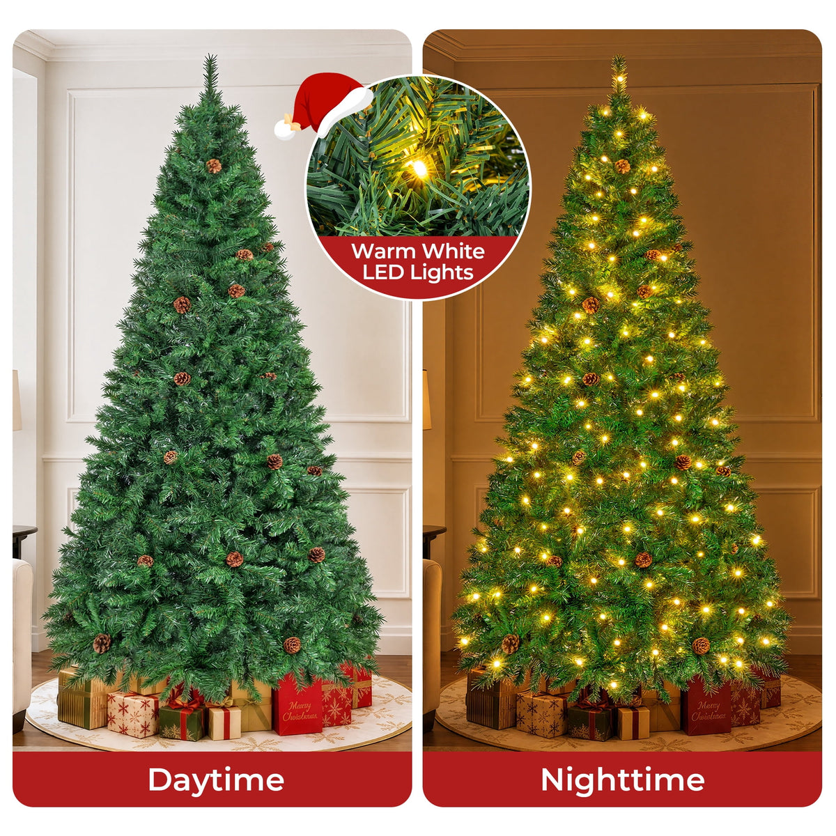 Firstness 6ft Pre-Lit Christmas Tree with 925 Branch Tips, Green Artificial Xmas Tree with Pine Cones, 8 Lighting Modes