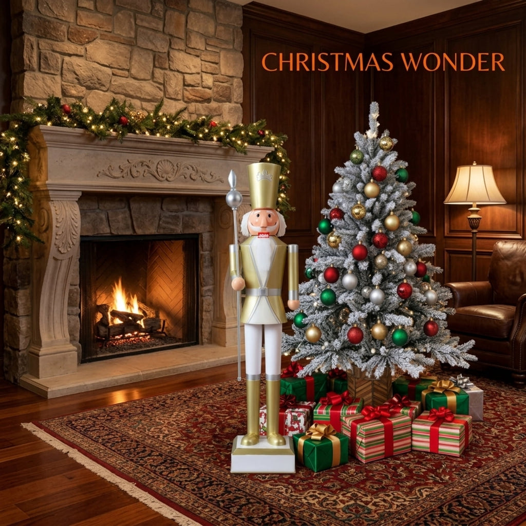 RUIE 4FT Christmas Nutcracker with High Hat and Scepter, White & Golden Metal Nutcracker Soldier with Hidden Storage for Indoor Outdoor Holiday