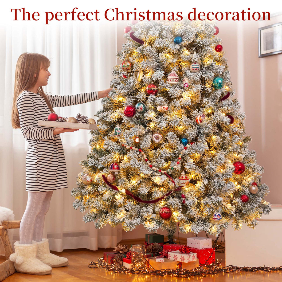 Yexmas 7.5FT Pre-Lit Snow Flocked Christmas Tree,Artificial White Christmas Tree with Large Christmas Tree Storage Bag,11 Modes Warm White & Multicolor LED Lights for Xmas Decoration