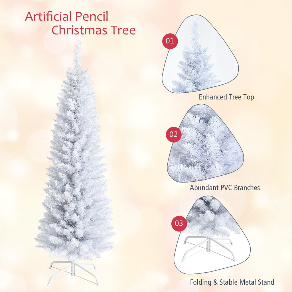 Costway 6ft Unlit Artificial Slim Pencil Christmas Tree with Metal Stand White