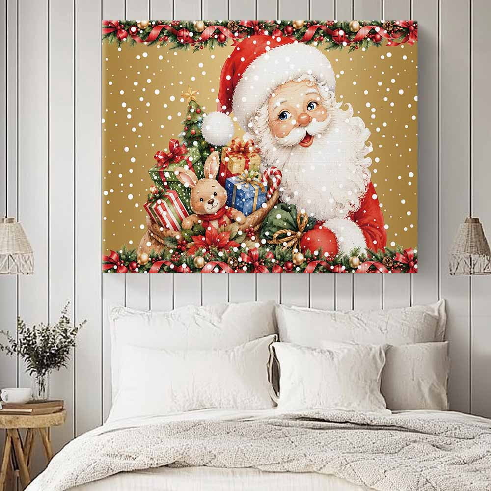 Vintage Santa Claus Canvas Print Wall Art Christmas Gift Box Bunny Rabbit Snowflake Wall Decor Modern Artwork Paintings Pictures for Living Room Stretched and Framed Ready to Hang - 20" x 24"