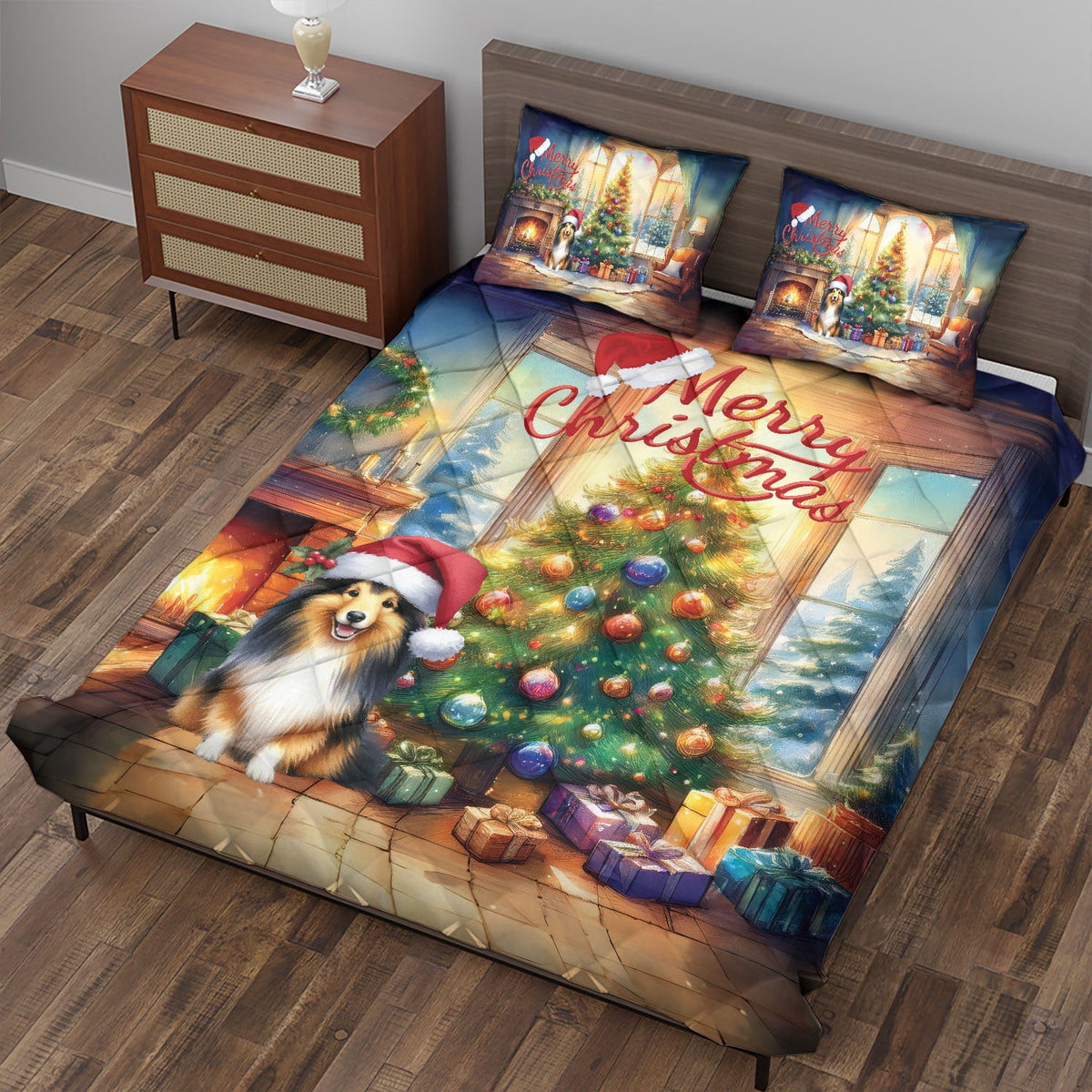 Merry Christmas French Bulldog Santa Hat Xmas Tree Winter Holiday Quilt Bedding Set Dog Lover Gifts 1 Blanket Bed Cover 2 Pillowcases - 01013