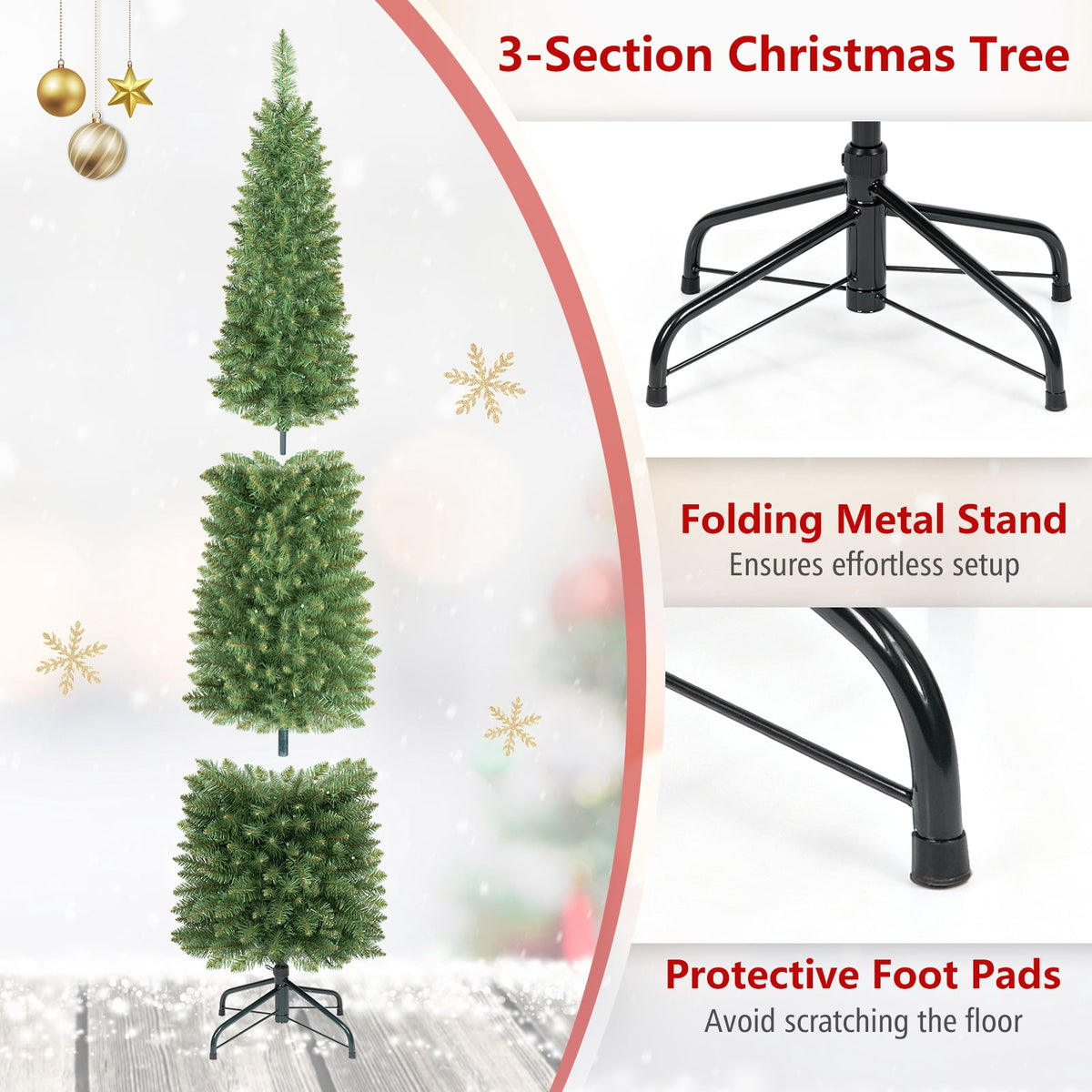 Costway 6 FT Pencil Christmas Tree Pre-Lit Folding Metal Stand Green