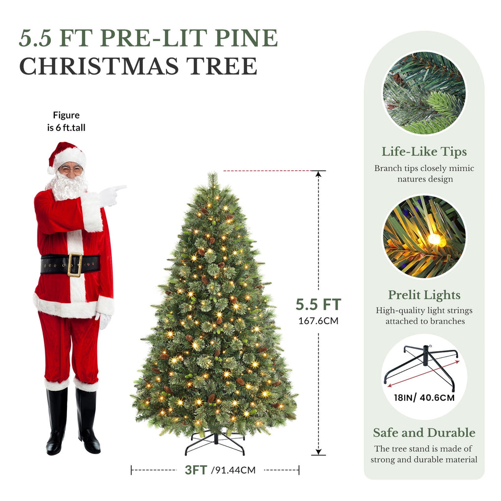Lolsea 5.5ft Prelit PE Pine Artificial Christmas Tree with Lifelike Needles & Pine Cones, Remote Control, Warm White & Multi‑Color LED Lights