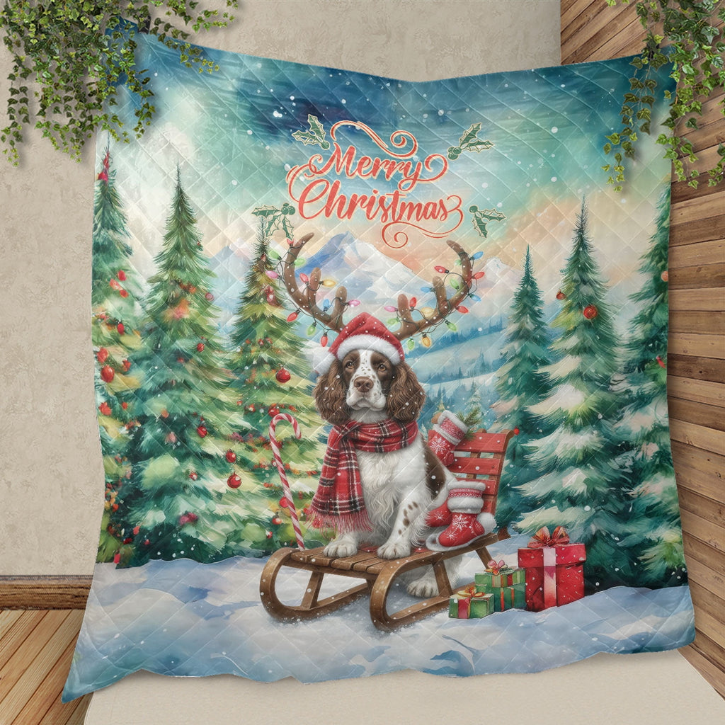 Merry Christmas Santa Reindeer Antlers French Bulldog Sleigh Xmas Winter Holiday Quilt Bedding Set Dog Lover Gifts 1 Blanket Bed Cover 2 Pillowcases - 00023