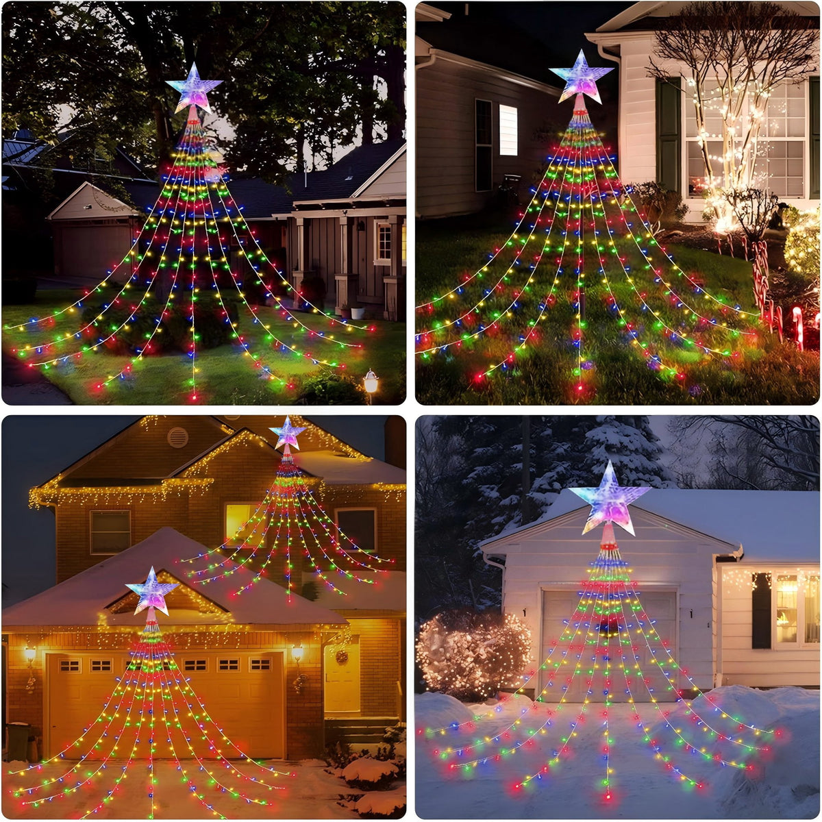 PMMIPNW Christmas Tree Lights Plug in 180LED, 8 Modes Christmas String Light with Topper Star, Waterfall Xmas Tree Lights with Timer for 6ft - 8ft Tree Wall Decoration (Multicolor)