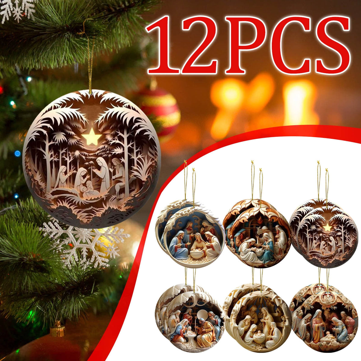 Wooden Christmas Ornaments, Nativity Scene Decorations, 12-Piece Handcrafted Wooden Nativity Ornament Set, Traditional Christmas Tree and Home Decor