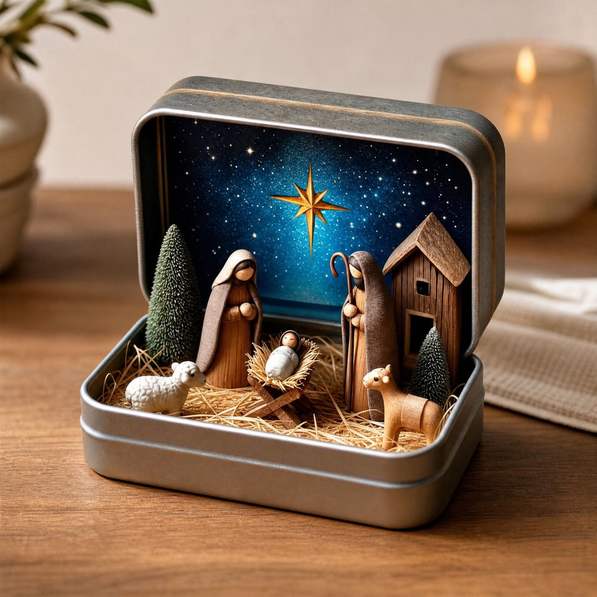 Daghihgewr Mini Christmas Nativity Set Tabletop Tin Box Multicolor Indoor Religious Ornament 1-Count 3.9 x 2.8 x 1.2 Inch