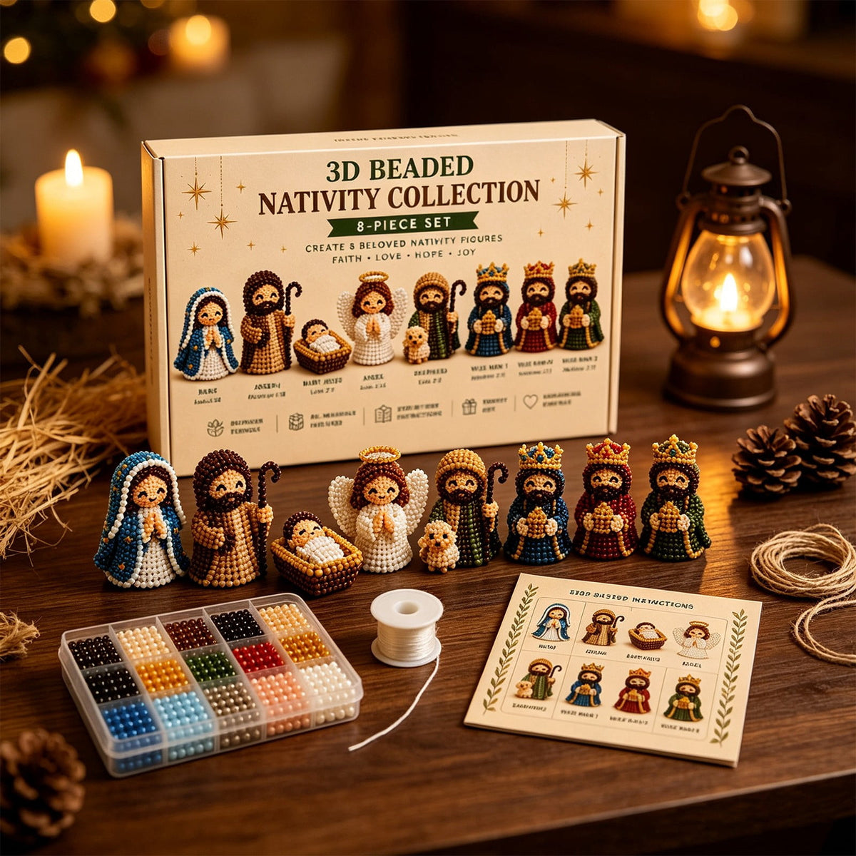 3D Beaded Nativity Scene DIY Kit 8-Piece Unfinished Christmas Faith Craft Set with Full Supplies & Step-by-Step Guide