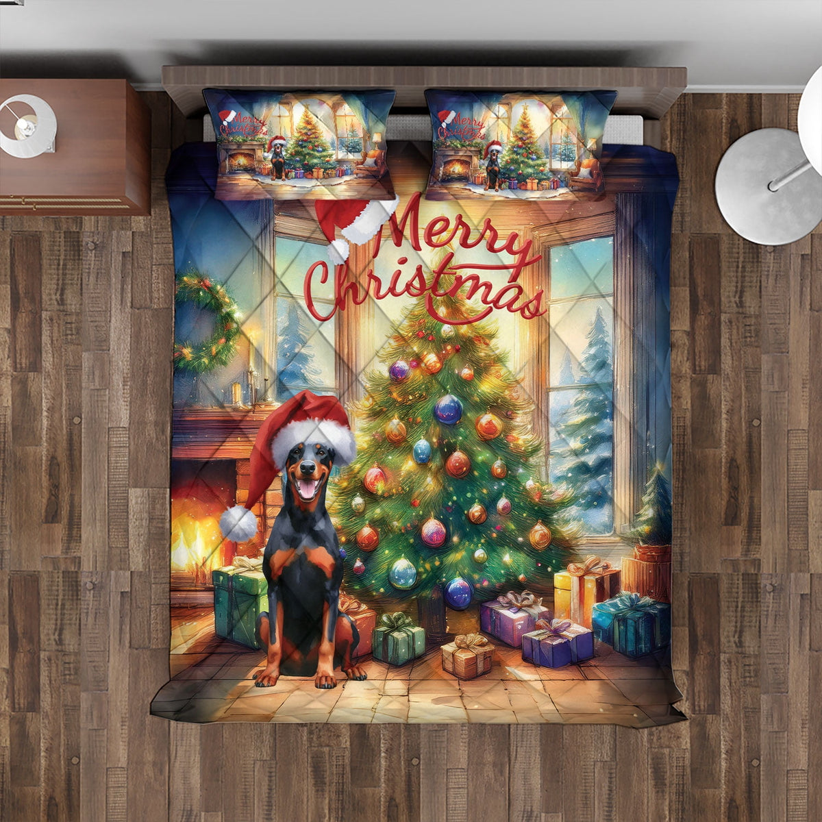 Merry Christmas French Bulldog Santa Hat Xmas Tree Winter Holiday Quilt Bedding Set Dog Lover Gifts 1 Blanket Bed Cover 2 Pillowcases - 01013