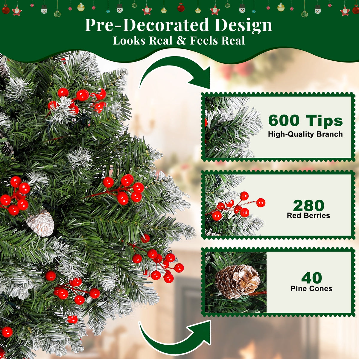 Aufeile 6ft Pencil Christmas Tree, Slim Pre-Lit Xmas Tree, 200 LED Lights, 600 Hinged Tips, Pine Cones, Berries, Metal Stand