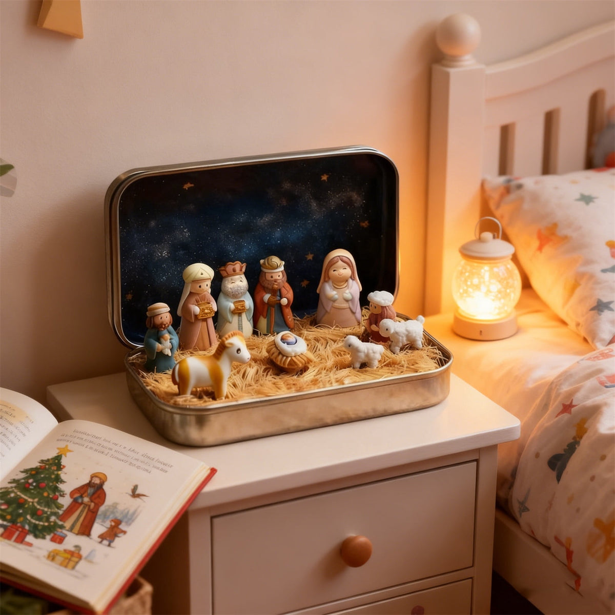 Mini Christmas Nativity Set in a Tin Box, Portable Pocket Birth of Jesus Ornament, Holy Family Sheep and Jesus Figurines, Christmas Interior Decoration for Home Desk, Shelf, Office Decor (3 Set)