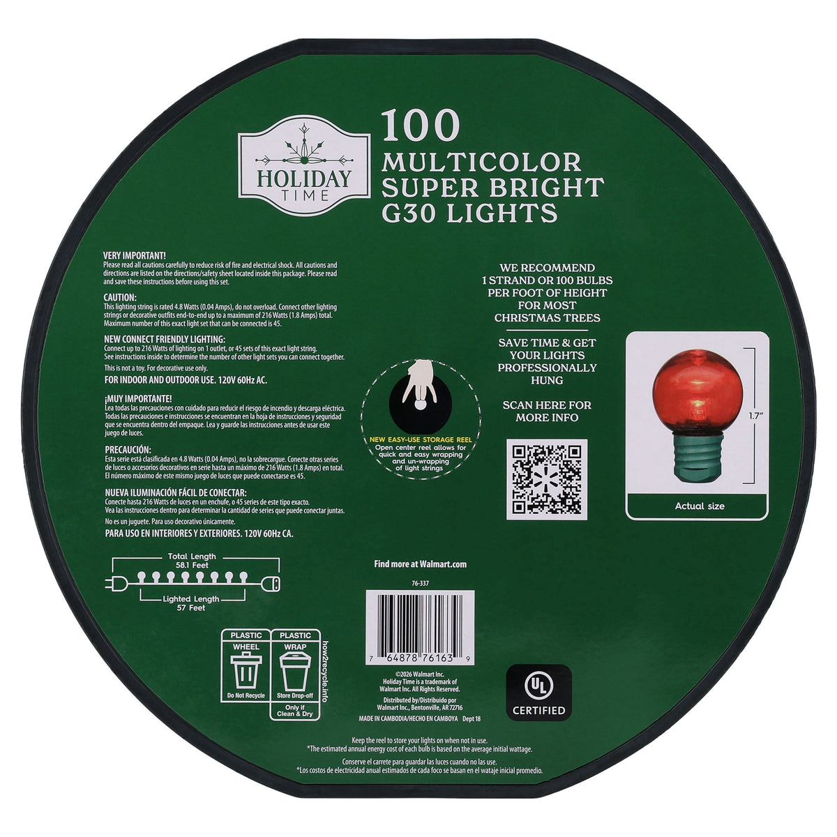 Indoor/Outdoor 100-Count LED Super Bright G30 Christmas String Lights, Warm White, Green Wire, 57', by Holiday Time