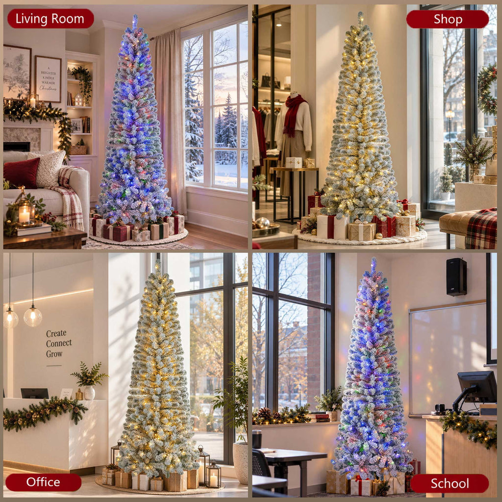 Goosiay 6ft Snow Flocked Pencil Christmas Tree, Pre-Lit Artificial Christmas Tree with 500 Tips, 250 Warm White & Multicolor Lights, 10 Modes, Slim Xmas Tree with Stand