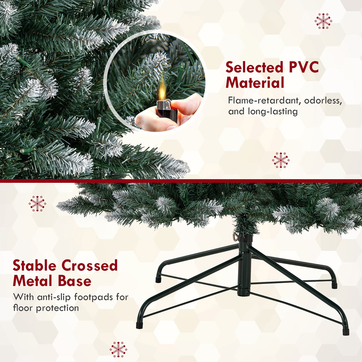 Gymax 9 FT Pre-Lit Artificial Christmas Tree Hinged Slim Pencil Xmas Tree w/ 1298 Snowy Branch Tips