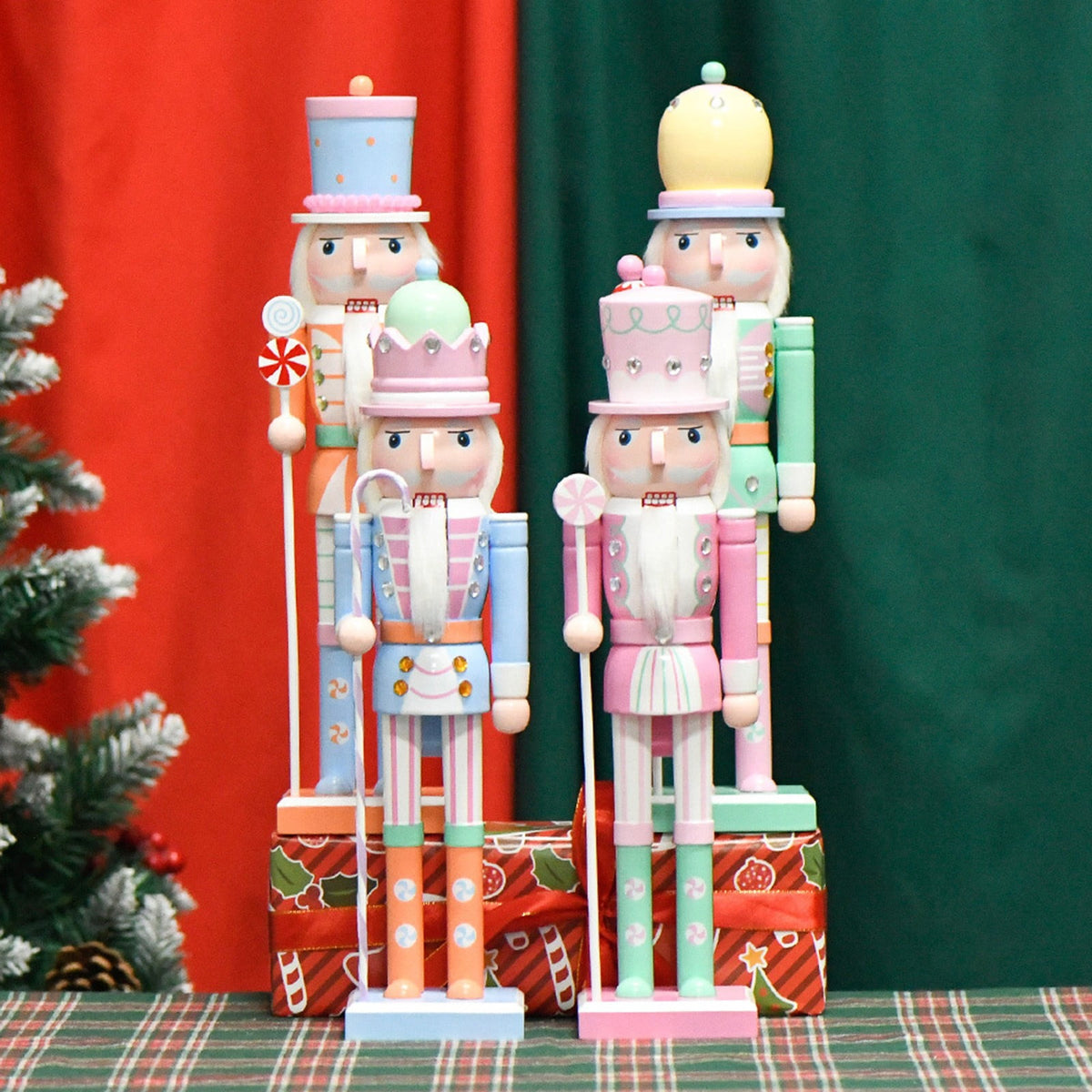 Wooden Nutcracker Soldier Figurine 4-Piece Set, Christmas Tabletop Decor for Mantel Shelf Window Holiday Home Decoration 14.96"