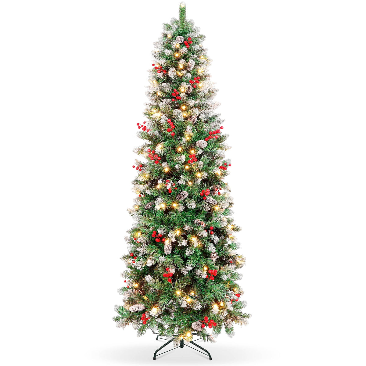 Aufeile 6ft Pencil Christmas Tree, Slim Pre-Lit Xmas Tree, 200 LED Lights, 600 Hinged Tips, Pine Cones, Berries, Metal Stand