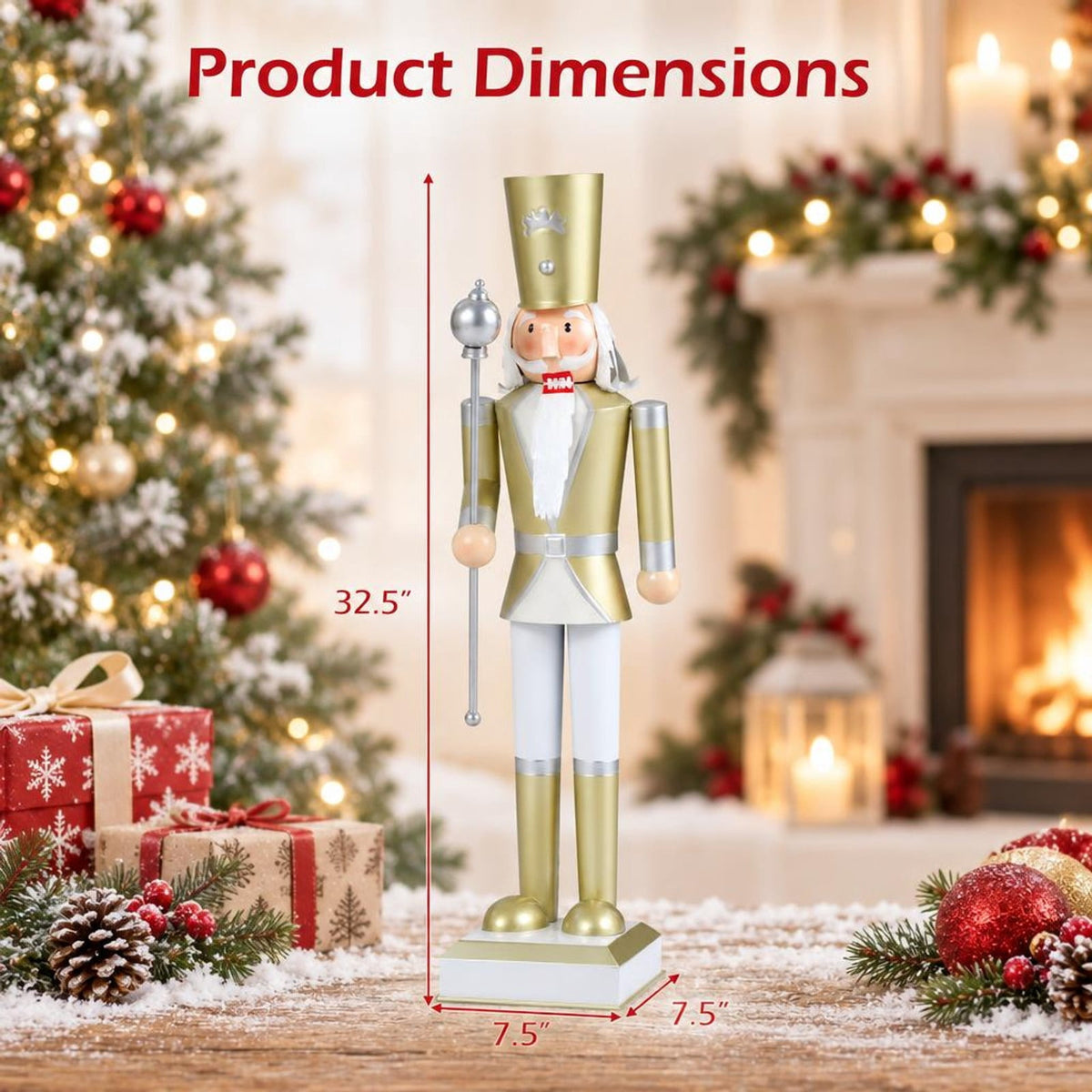 Airfind 32.5 Inch Christmas Nutcracker with High Hat and Beautiful Scepter-White & Golden, Metal Frame, 7.5" x 7.5" x 32.5" Footprint, White