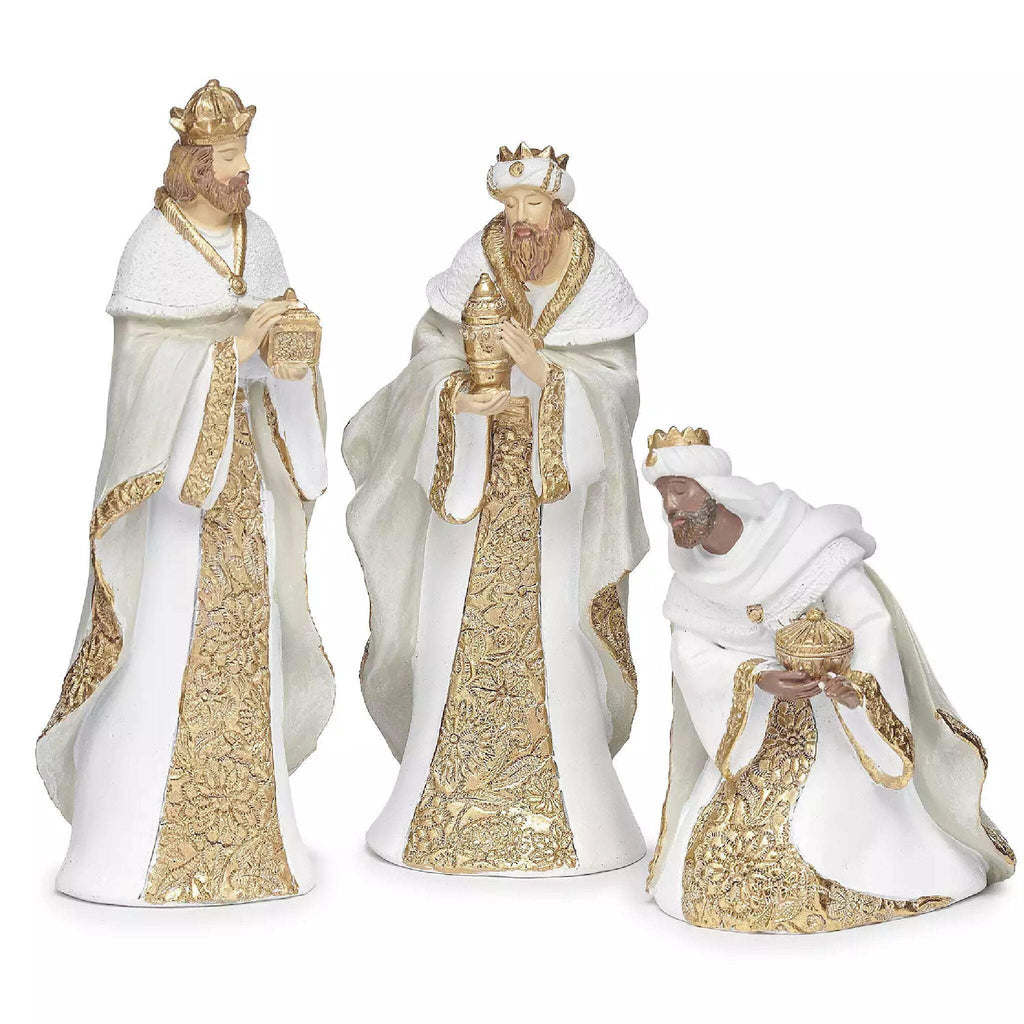 Roman Nativity Scene, Set of 7, White with Gold Pattern, 11-inch Height, Resin