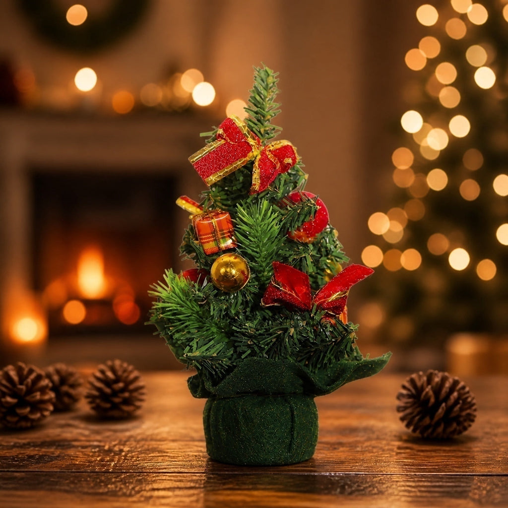 Surpdew Mini Christmas Tree Table Top Decorations- 9" Artificial Small Pine Trees with Burlap Base on Desktop, Shelves, Bedroom, Miniature Scenes Xmas for Home, Office, Party Decor