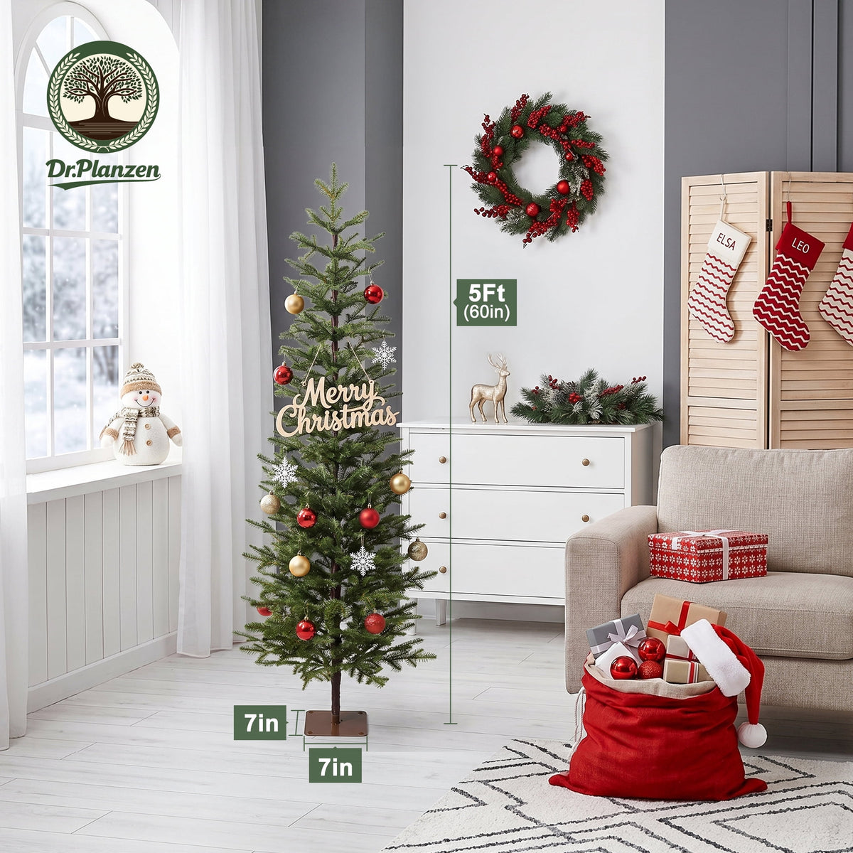 DR.Planzen 5ft Pencil Christmas Tree, 1104 Tips PE Realistic Unlit Artificial Slim Christmas Tree with Metal Stand - Holiday Indoor Decoration for Apartment Entryway Corner Office