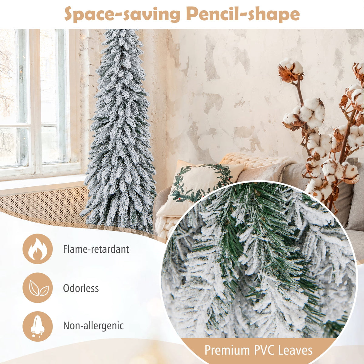 Topbuy 4FT Pre-lit Artificial Christmas Tree Snow-flocked Xmas Pencil Tree with 225 Branch Tips 100 LED Lights 2 Lighting Colors