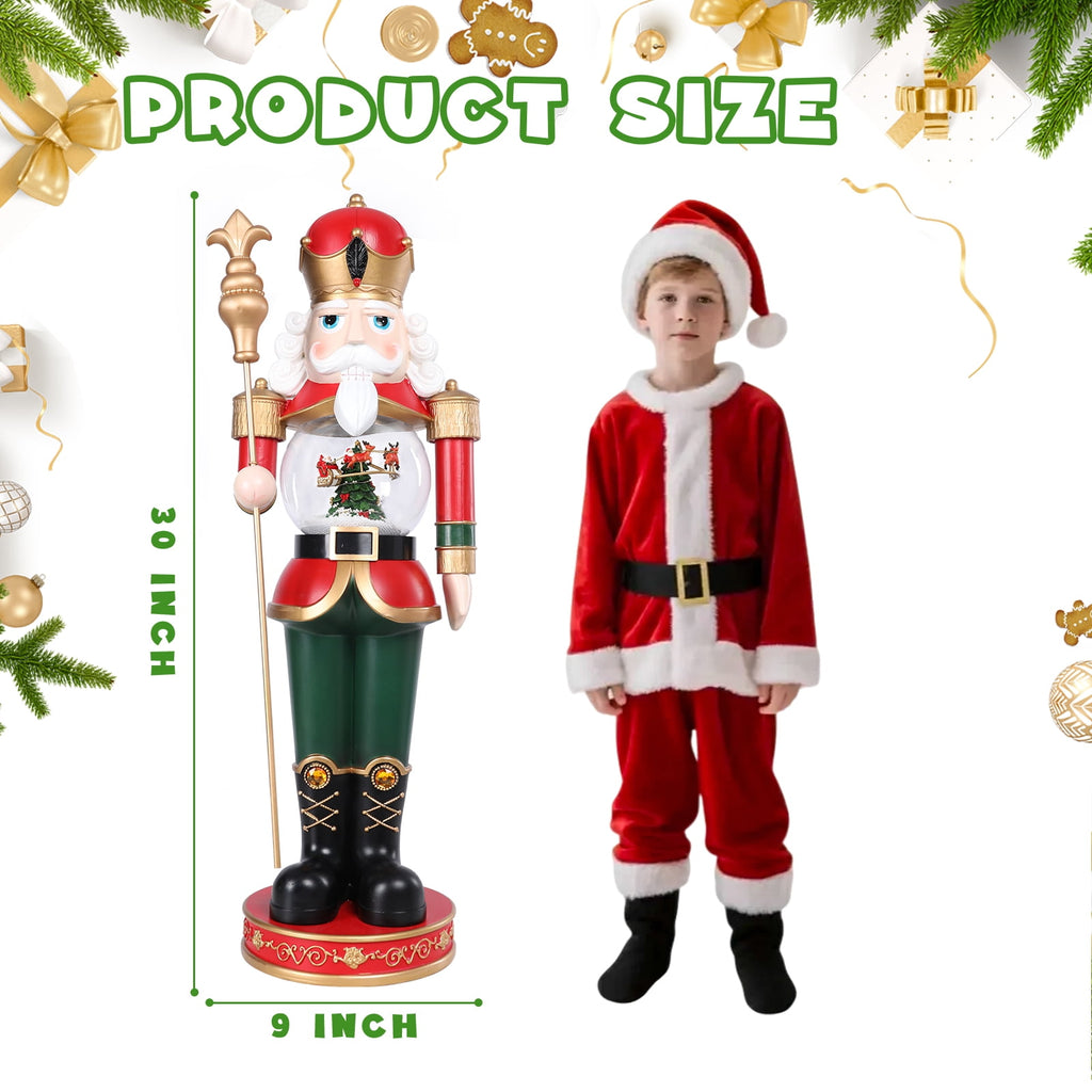 Large Christmas Nutcracker-Christmas Tree Autorotation Elk Santa Claus,King electric tabletop ornament, a sturdy wooden nutcracker King with snow global built-in rotating flying deer for home deco