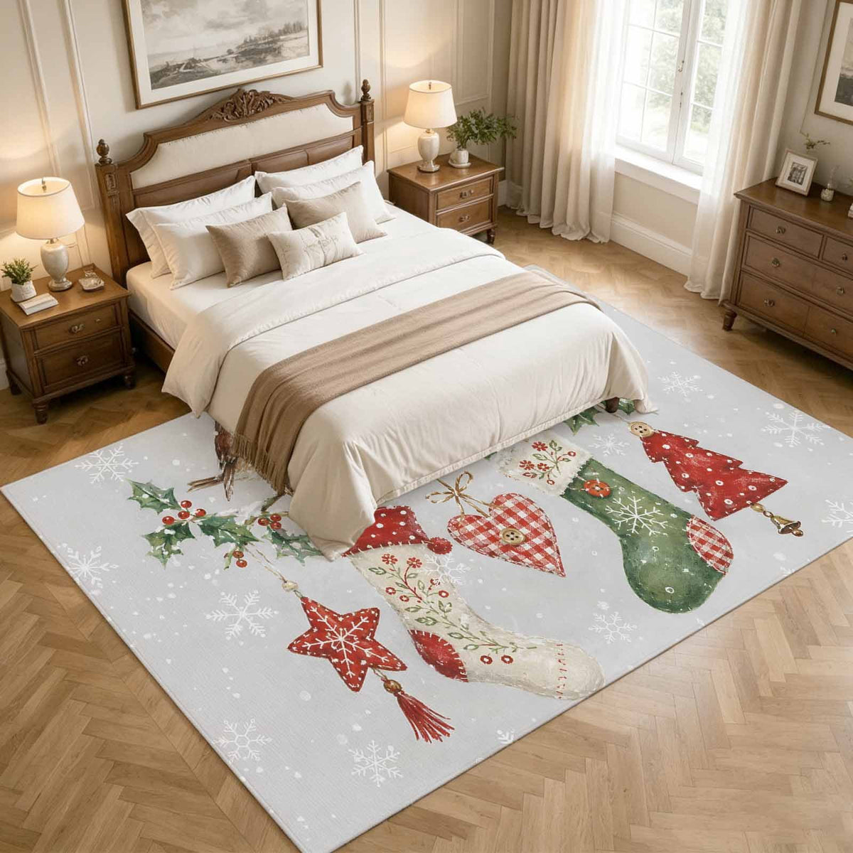 8x10 Area Rugs, Christmas Stocking Non-Skid Rubber Backing Large Rectangle Rugs - Living Room Bedroom Home Office, Winter Snowflake Berry Birds Xmas Indoor Floor Mat Carpets Washable Rug