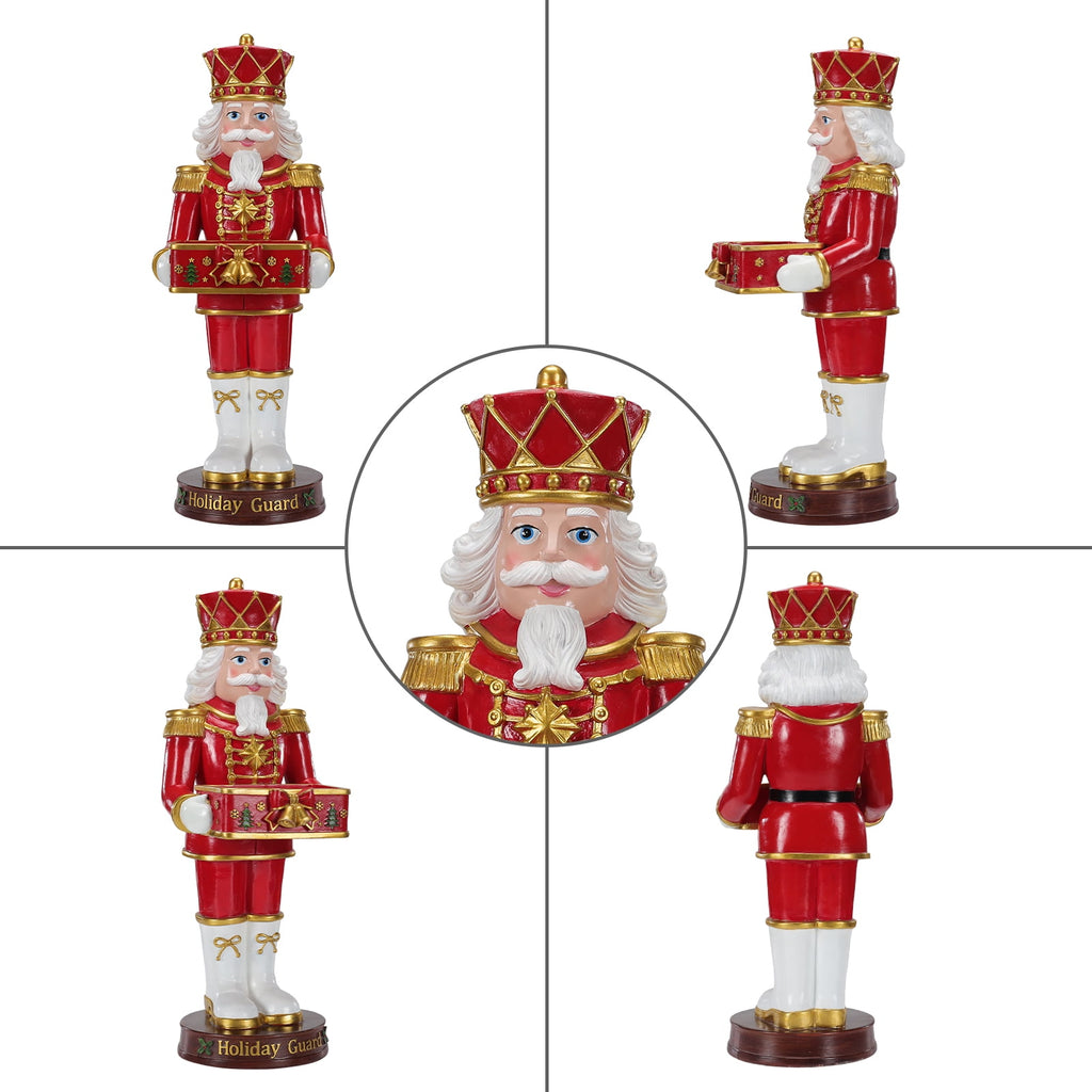 Christmas Nutcracker Soldier Statue with Serving Tray, Red & Gold Holiday Guard Figurine