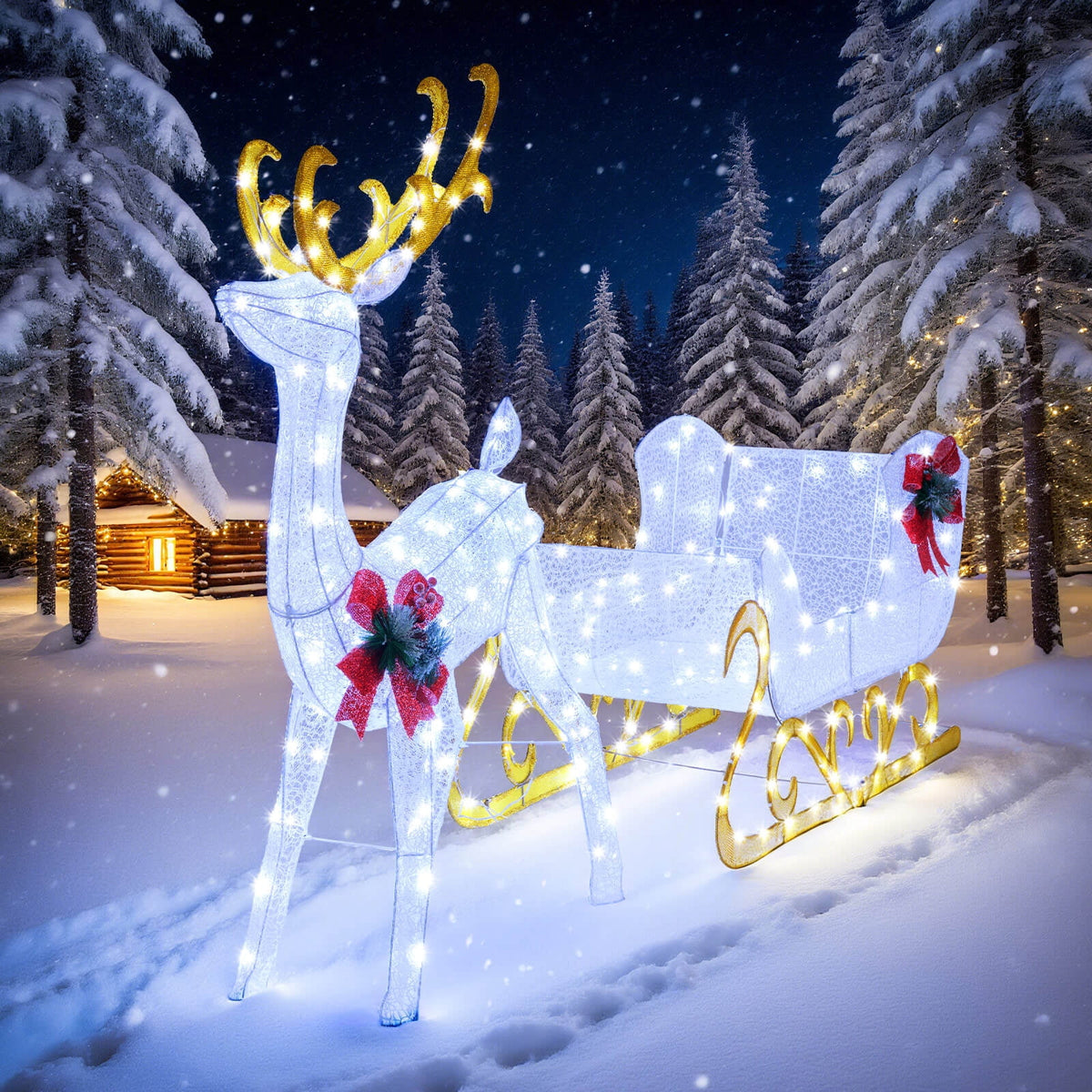 Costway 6 FT Christmas Lighted Reindeer & Santa's Sleigh W/ 215 LED Lights & 4 Stakes Gold
