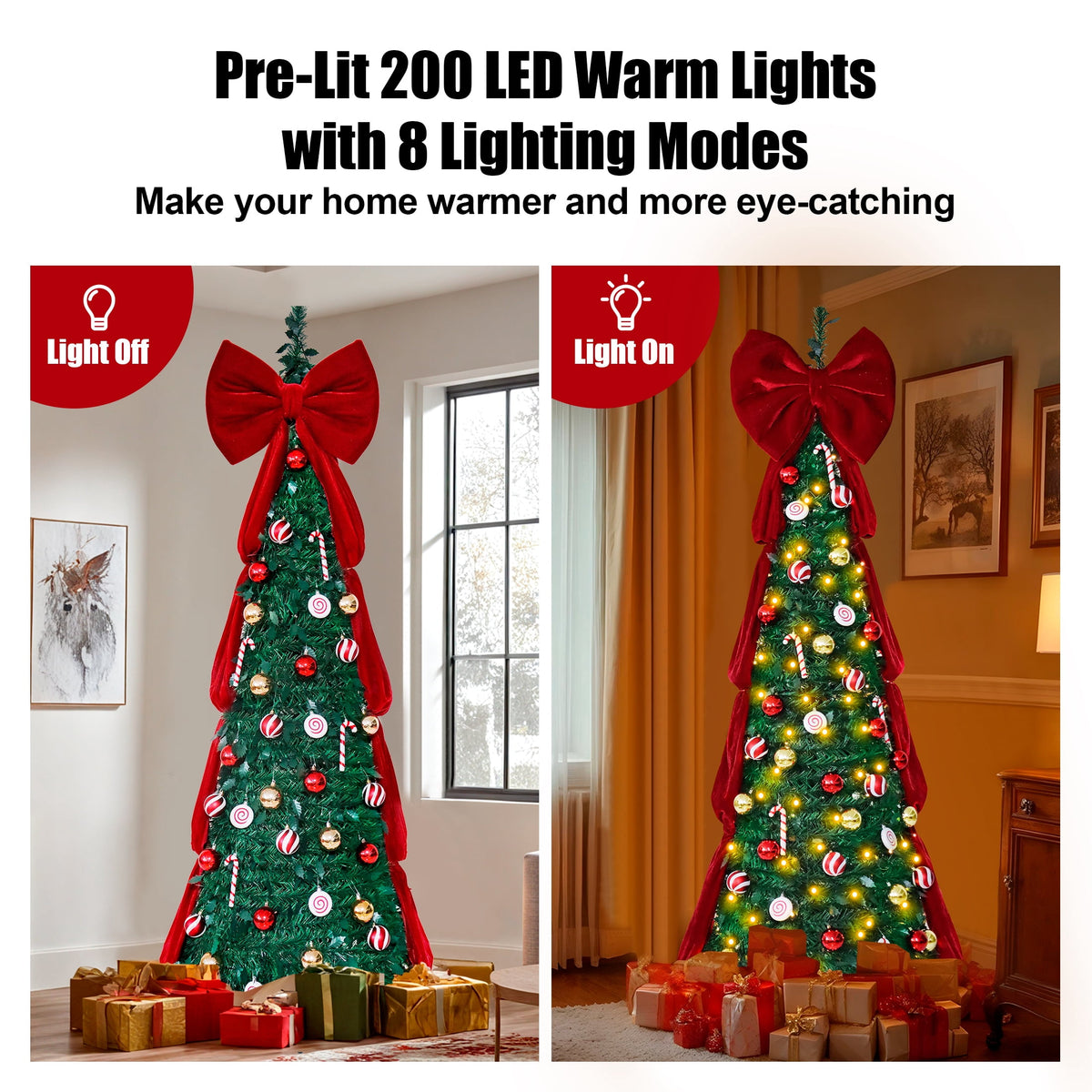 Firstness Christmas Tree 6FT, Pop up Pre Decorated Pre Lit Artificial Xmas Tree with 200 LED Lights, Large Bow & Ornaments, Lighted Christmas Tree with Storage Bag, Easy Installation