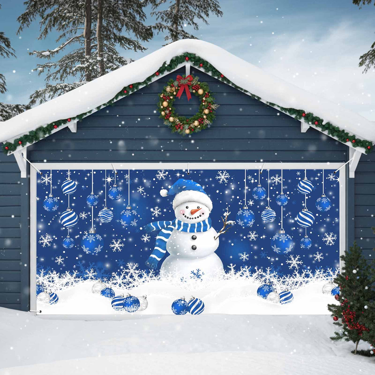 Fsddascl 7 x 16 Ft Christmas Garage Door Cover, Black Christmas Tree Large Garage Door Banner, Xmas Snowflake Green Golden Hanging Garage Mural Background for Indoor Outdoor Xmas Party Supplies