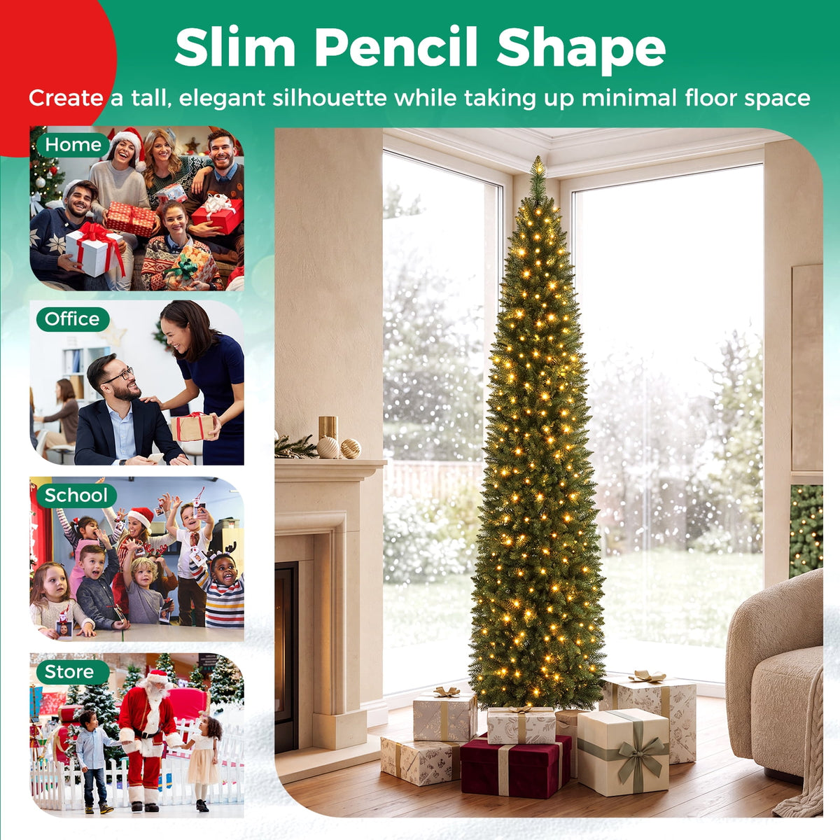 Gymax 9 FT Pre-Lit Artificial Christmas Tree Realistic Slim Pencil Xmas Tree