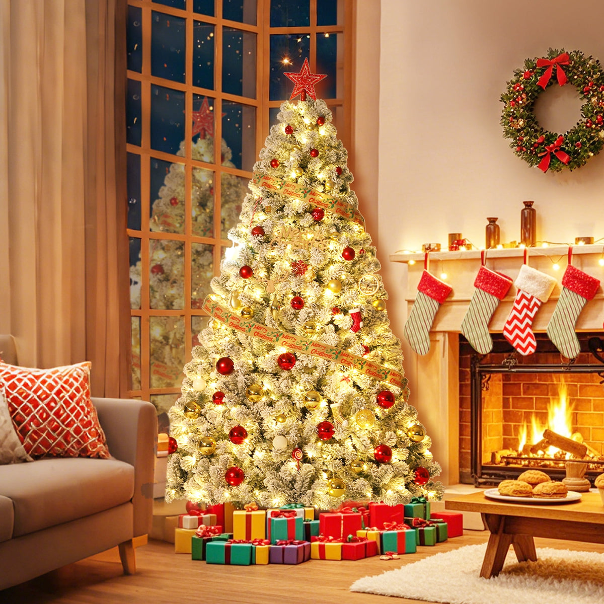 JoanKaren 7.5' Pre-Lit Green Artificial Christmas Tree,Metal Stand Full Xmas Tree with 600 Multicolor Lights