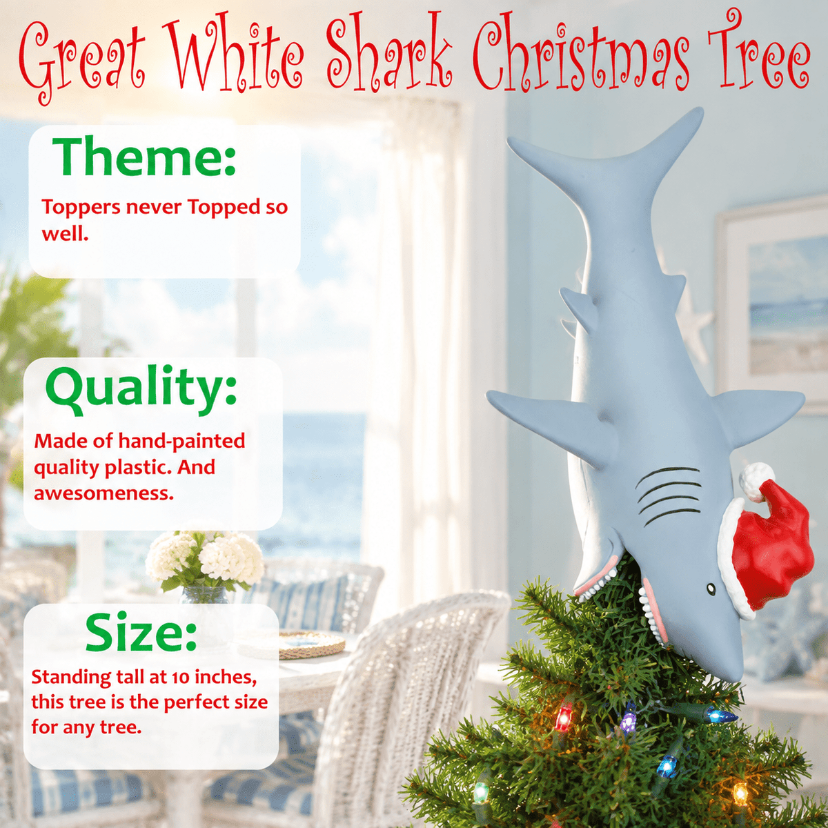 Great White Shark Santa Hat Christmas Tree Topper, 10 Inch Large Holiday Decor