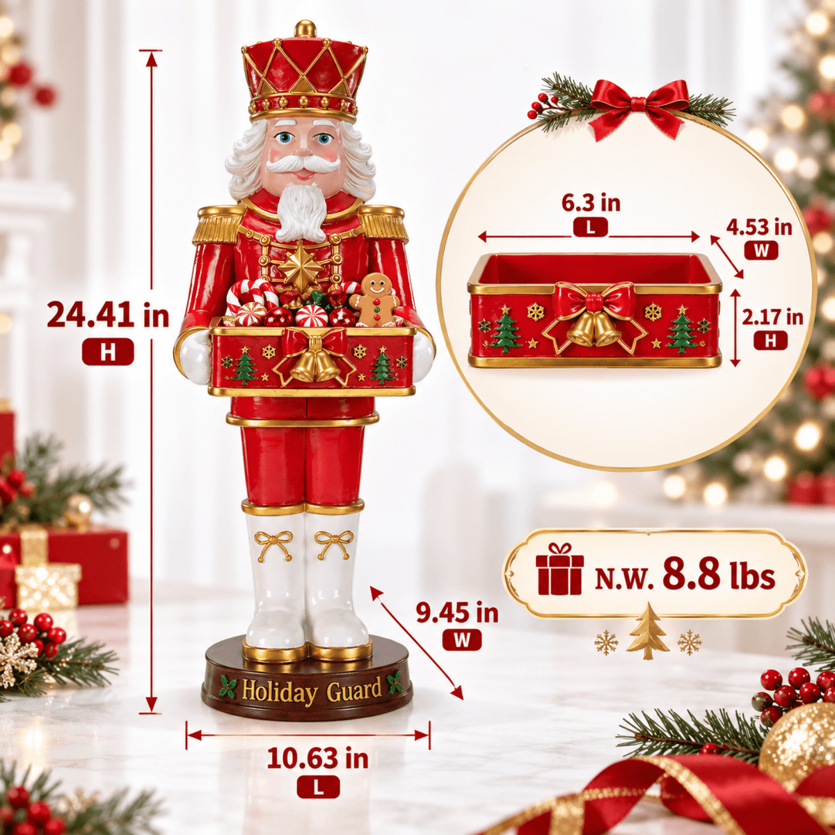 Rayocon Christmas Nutcracker Decor, 24.4 Inch Resin Soldier Statue with Display Tray, Red & Gold